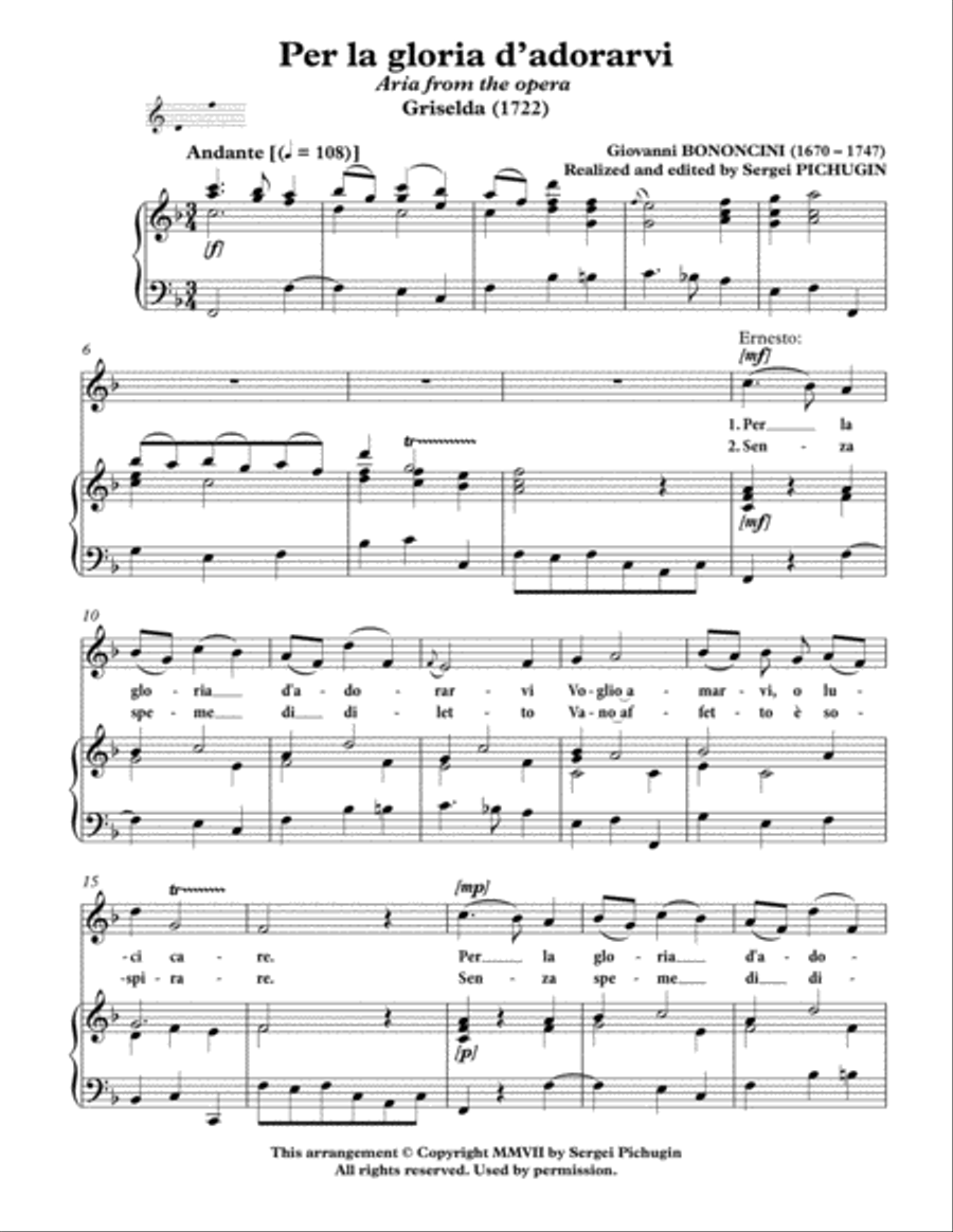 BONONCINI Giovanni: Per la gloria d’adorarvi, aria from the opera 