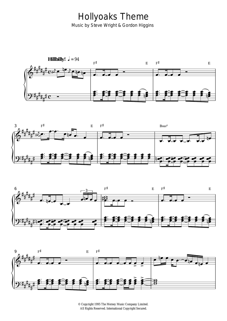 Hollyoaks Theme Piano Solo scores gallery preview page 1