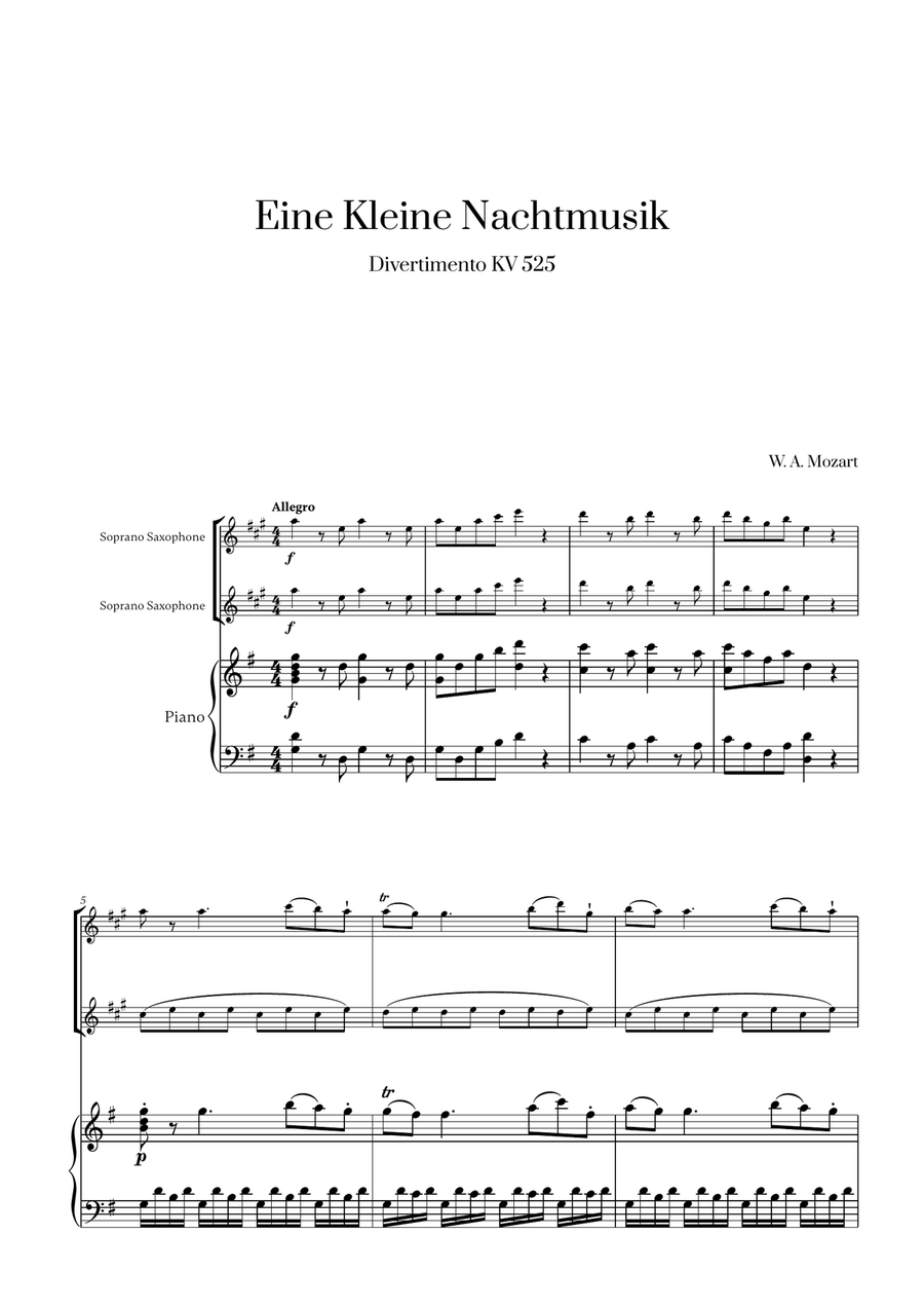 W. A. Mozart - Eine Kleine Nachtmusik (for Soprano Saxophone Duet and Piano) Woodwind Duet scores gallery preview page 1