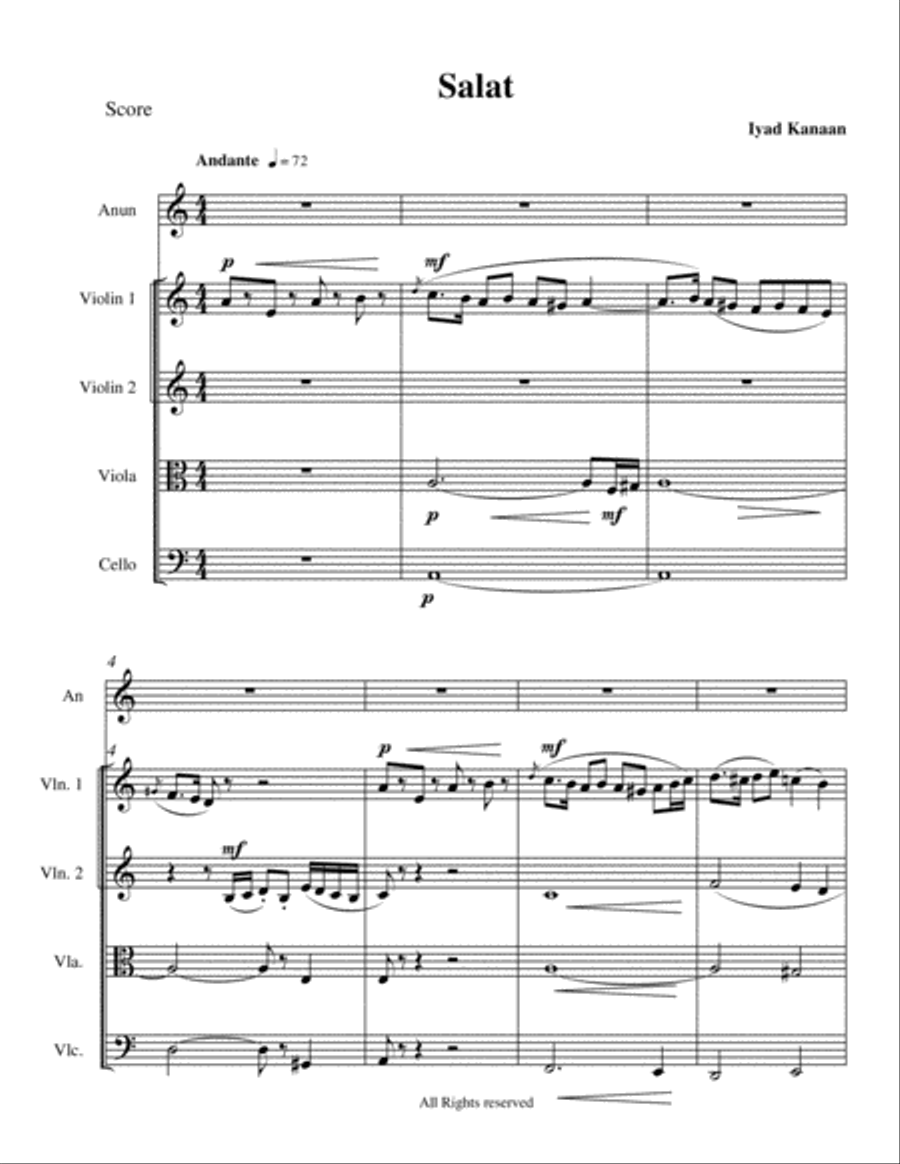Salaat (Prayer) for Qanoon quintet String Quartet scores gallery preview page 1