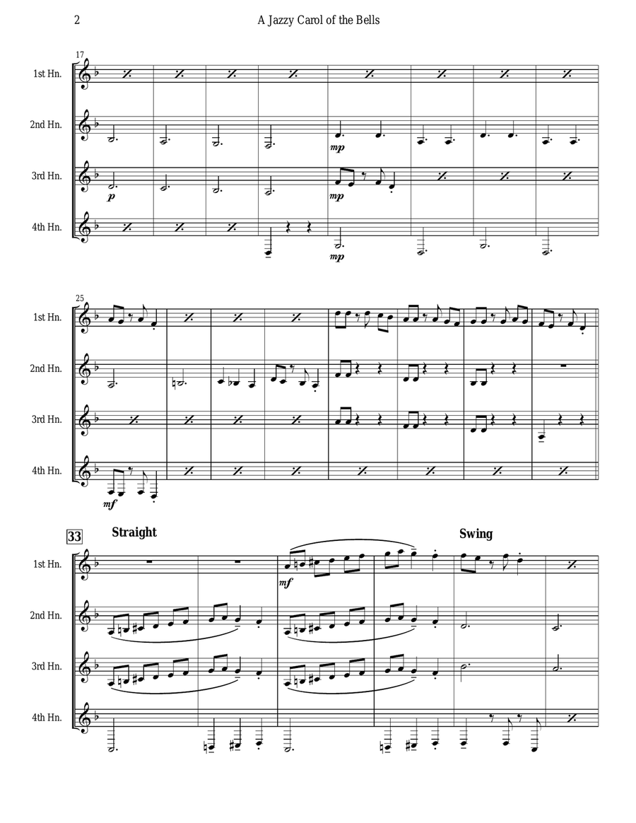 Carol of the Bells (Jazz Waltz for Horn Quartet) Brass Quartet scores gallery preview page 2