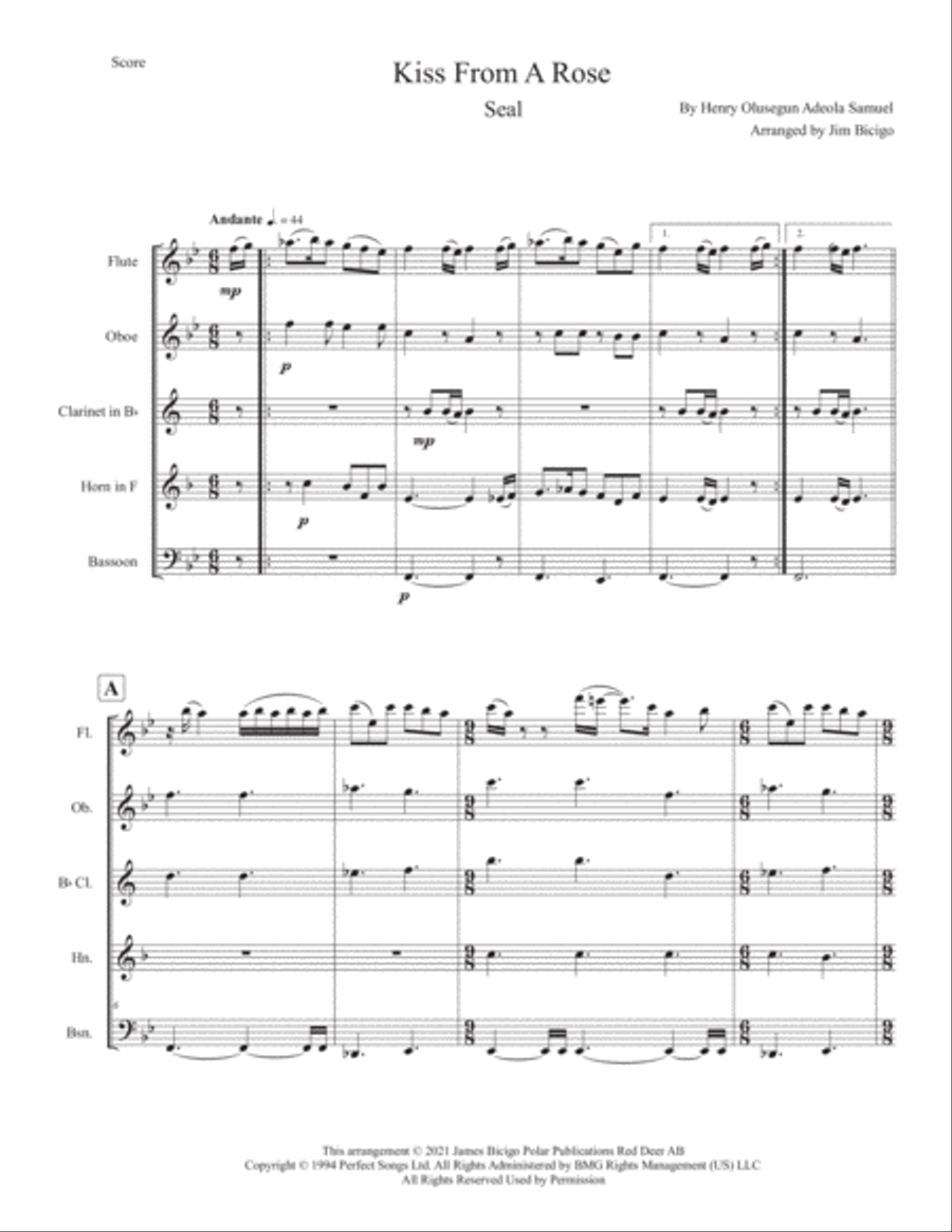 Kiss From A Rose Woodwind Quintet scores gallery preview page 1
