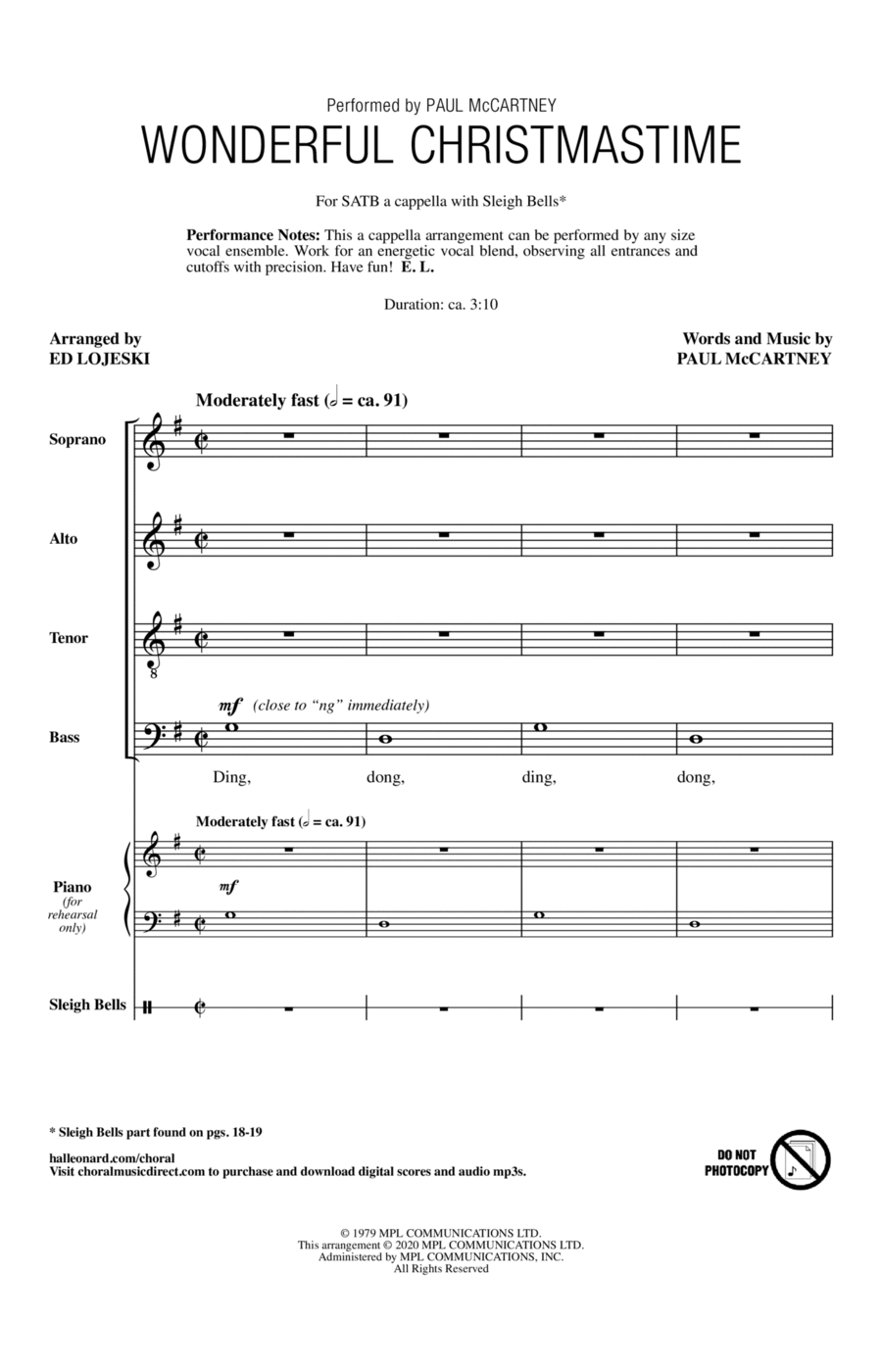 Wonderful Christmastime (arr. Ed Lojeski) 4-Part scores gallery preview page 1