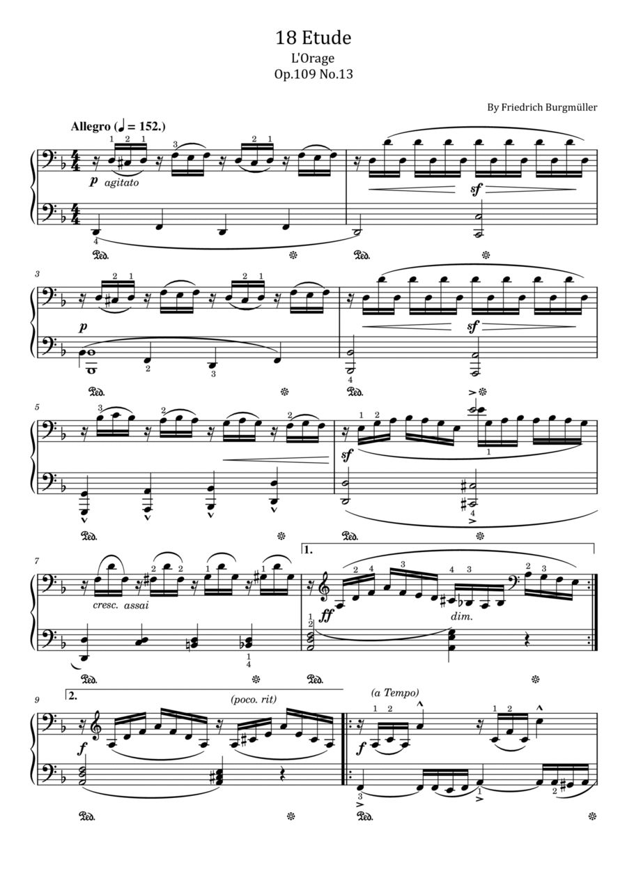Burgmuller - 18 Etude - L'Orage Op.109 No.13 - Original With Fingered - For Piano Solo Piano Method scores gallery preview page 1