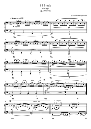 Burgmuller - 18 Etude - L'Orage Op.109 No.13 - Original With Fingered - For Piano Solo