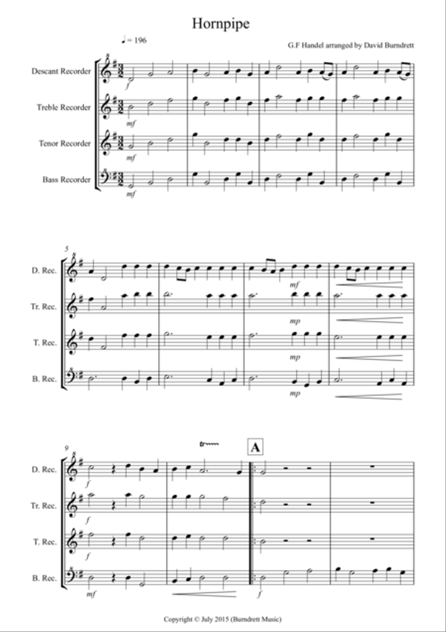 Hornpipe from Handel's Water Music for Recorder Quartet Woodwind Quartet scores gallery preview page 1