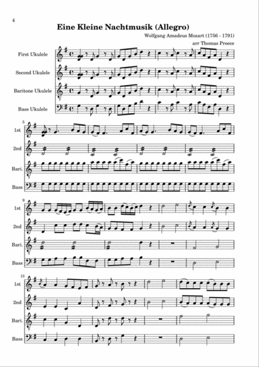 Eine Kleine Nachtmusik (Allegro) arranged for ukulele ensemble by Thomas Preece Small Ensemble scores gallery preview page 5