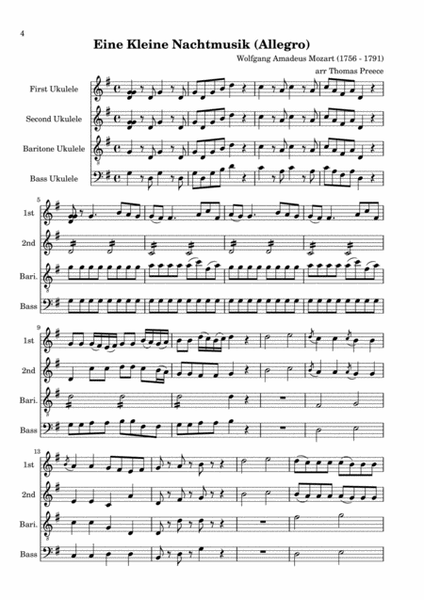 Eine Kleine Nachtmusik (Allegro) arranged for ukulele ensemble by Thomas Preece