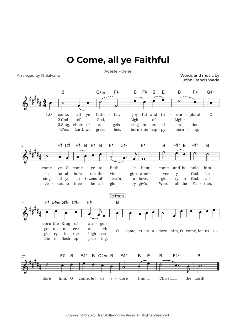 O Come, all ye Faithful - Adeste Fideles (Key of B Major) Piano scores gallery preview page 1