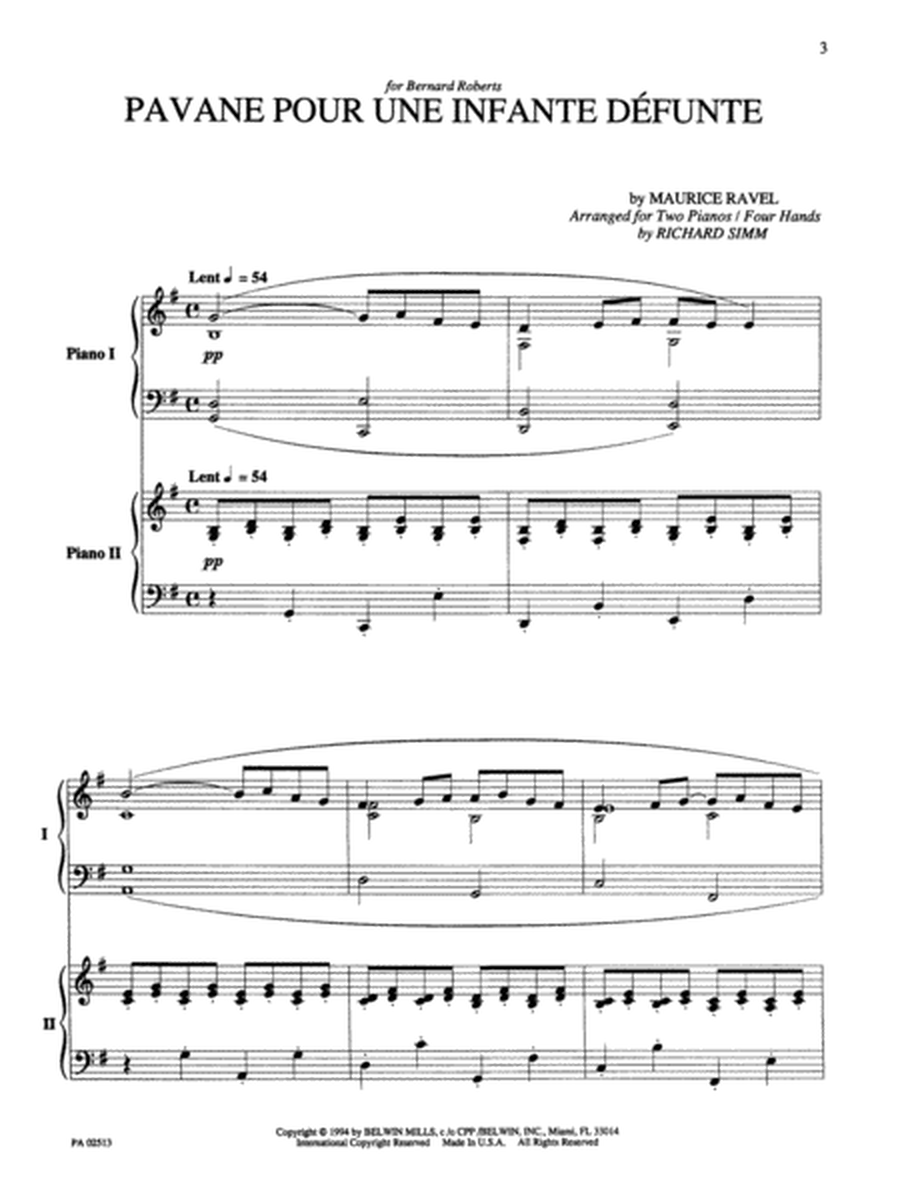 Pavane Pour une Infante Defunte - Piano Duo (2 Pianos, 4 Hands)