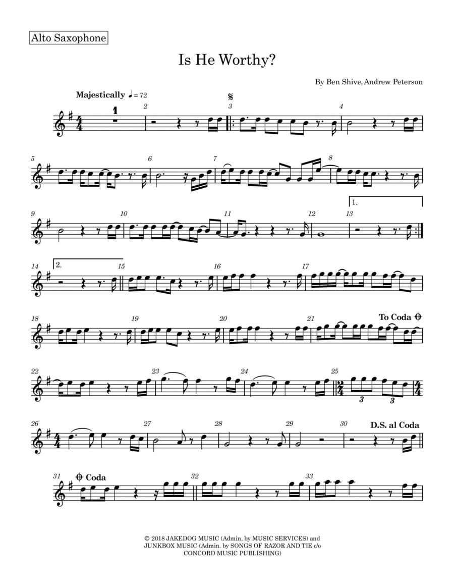 Is He Worthy? Alto Saxophone scores gallery preview page 1