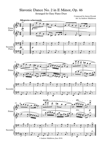 Slavonic Dance No. 2, Op. 46 arranged for Easy Piano Duet image number null
