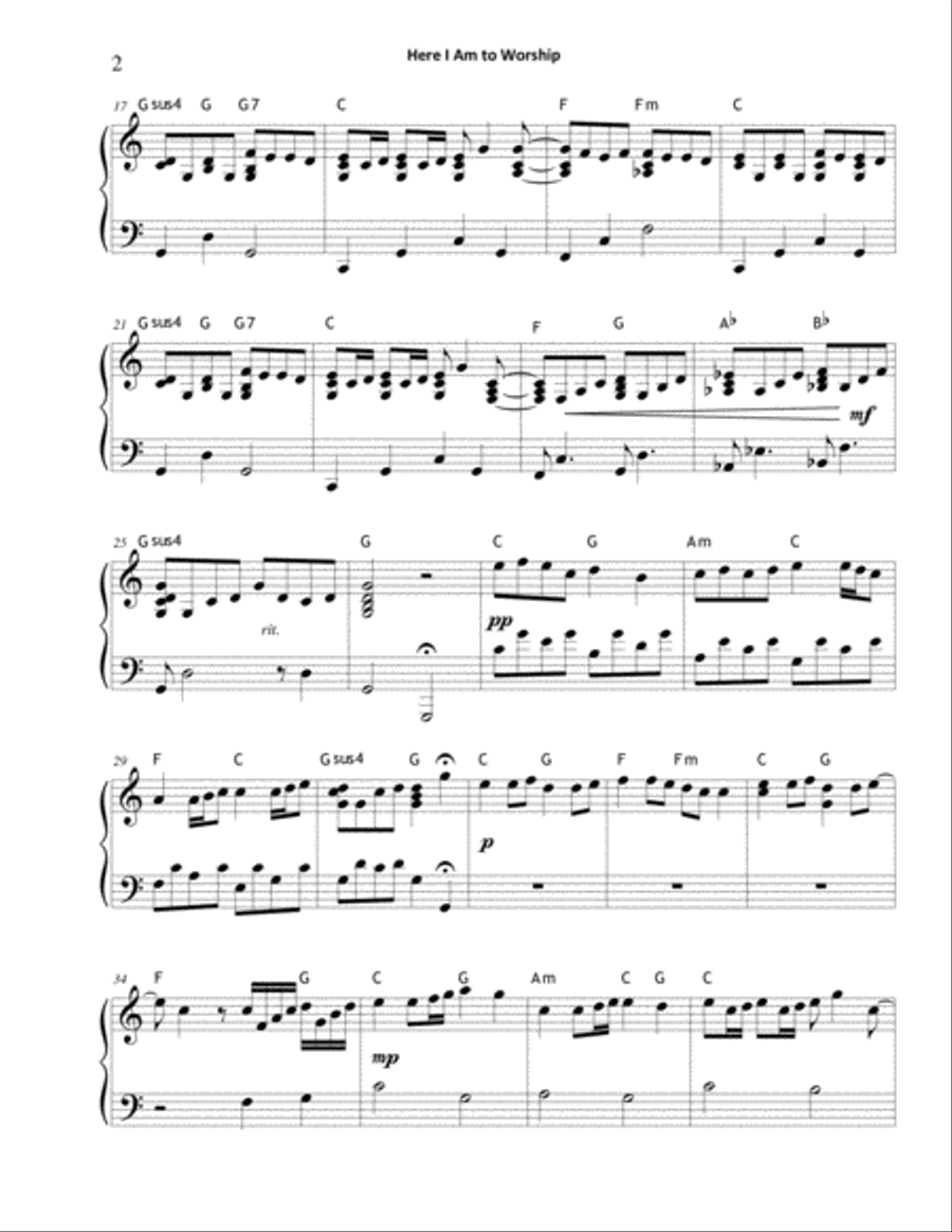 Here I Am To Worship Piano Solo scores gallery preview page 2
