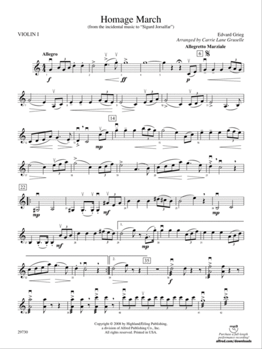 Homage March (from the incidental music to Sigurd Jorsalfar): 1st Violin String Orchestra scores gallery preview page 1