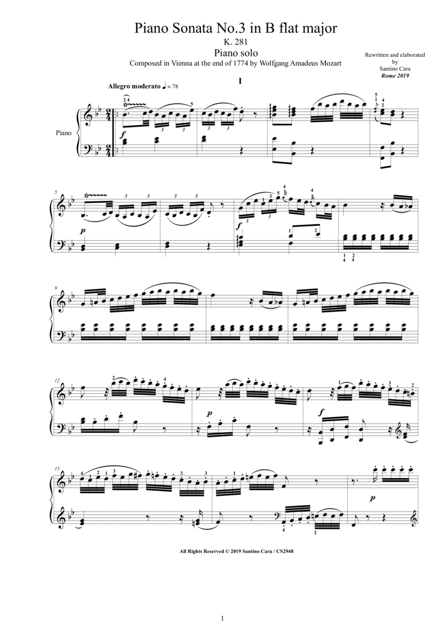 Mozart - Piano Sonata No.3 in B flat major K 281 - Complete score Piano Solo scores gallery preview page 1