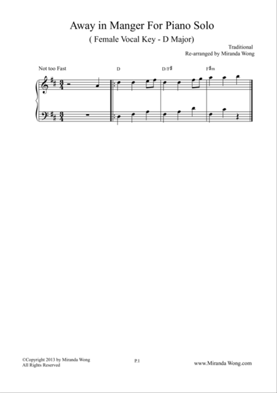 Away in Manger - Piano Solo in D Key (Female Vocal Key) Piano Solo scores gallery preview page 1
