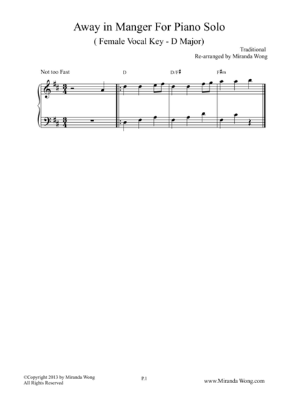 Away in Manger - Piano Solo in D Key (Female Vocal Key) image number null