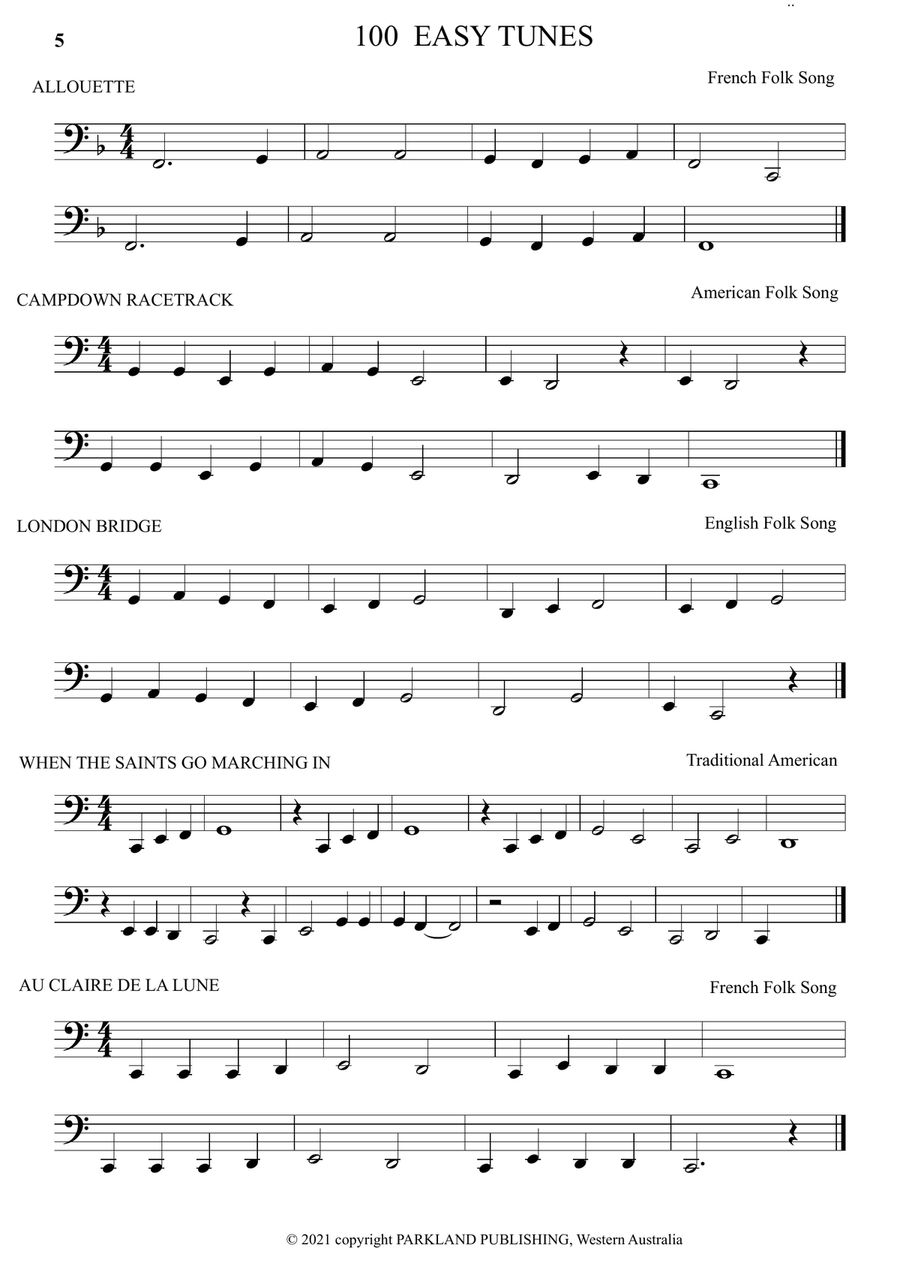 A LEARN TO PLAY book of 100 EASY TUNES and 10 EASY DUETS for Beginner TUBA, BASS CLEF Brass Duet scores gallery preview page 5