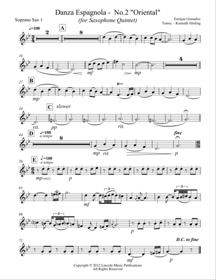 Granados – Danza Española - No.2 “Oriental” (for Saxophone Quintet SATTB or AATTB) Saxophone Quintet scores gallery preview page 6