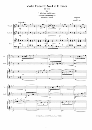 Book cover for Vivaldi - Violin Concerto No.4 in E minor RV 550 Op.3 for Two Violins and Piano