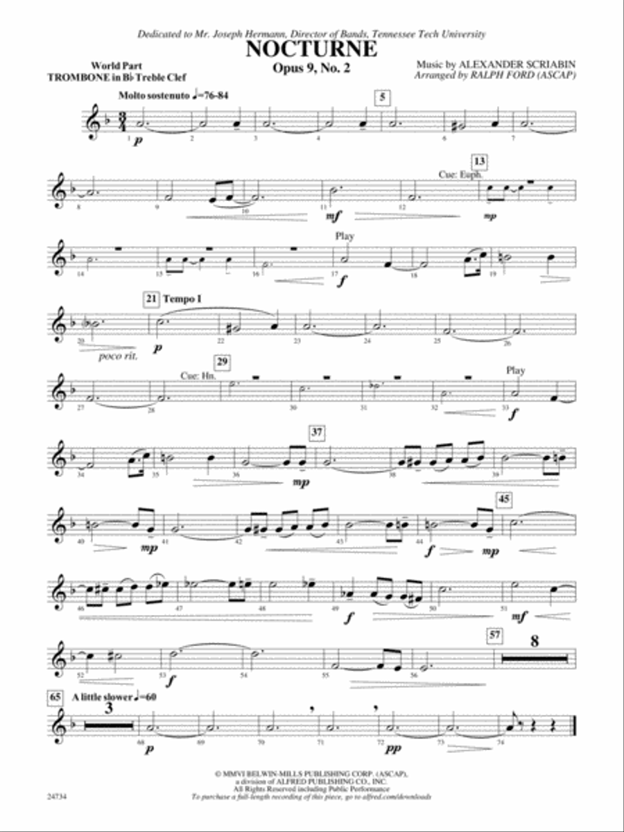 Nocturne (Opus 9, No. 2): (World Part) Bb Trombone T.C. 1 Concert Band scores gallery preview page 1