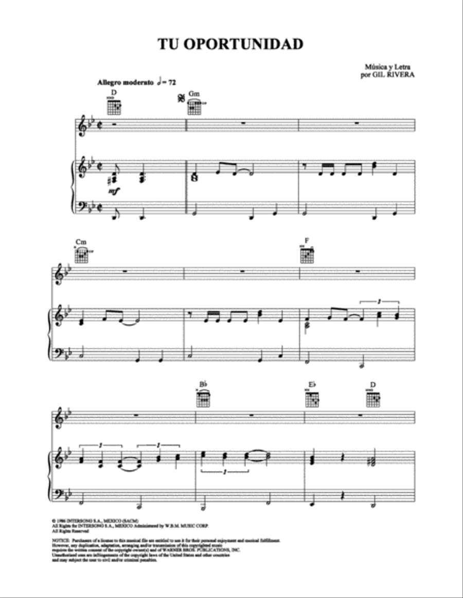 Tu Oportunidad Tu Oportunidad Piano, Vocal, Guitar scores gallery preview page 1