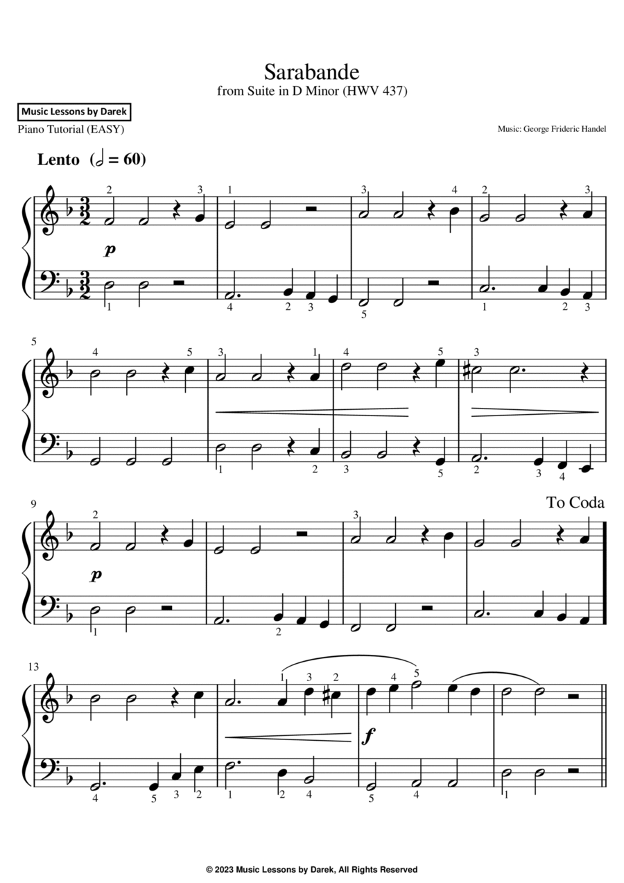 Sarabande (EASY PIANO) from Suite in D Minor (HWV 437) [George Frideric Handel] Easy Piano scores gallery preview page 1