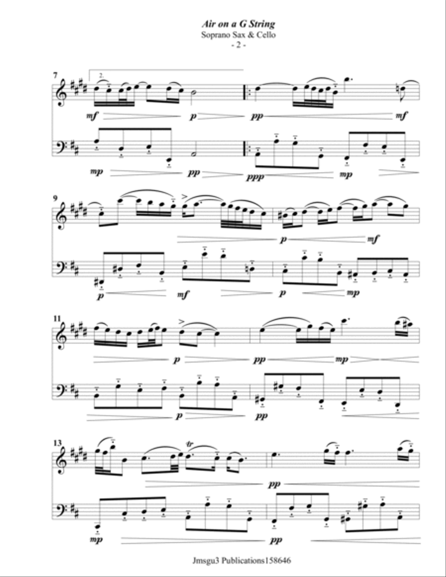 Bach: Air on a G String for Soprano Sax & Cello Soprano Saxophone scores gallery preview page 2