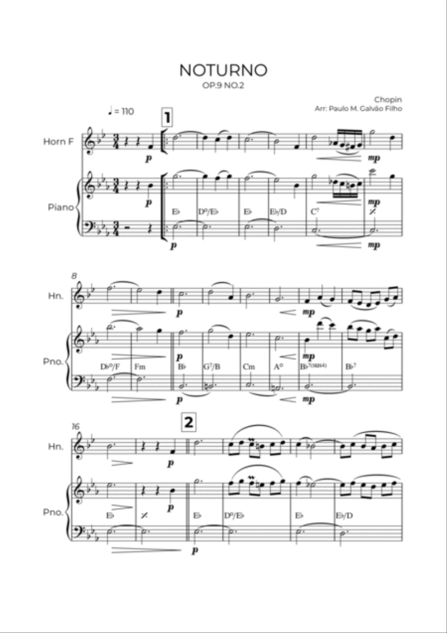 NOTURNO OP.9 NO.2 - CHOPIN - HORN & PIANO Brass Duet scores gallery preview page 2