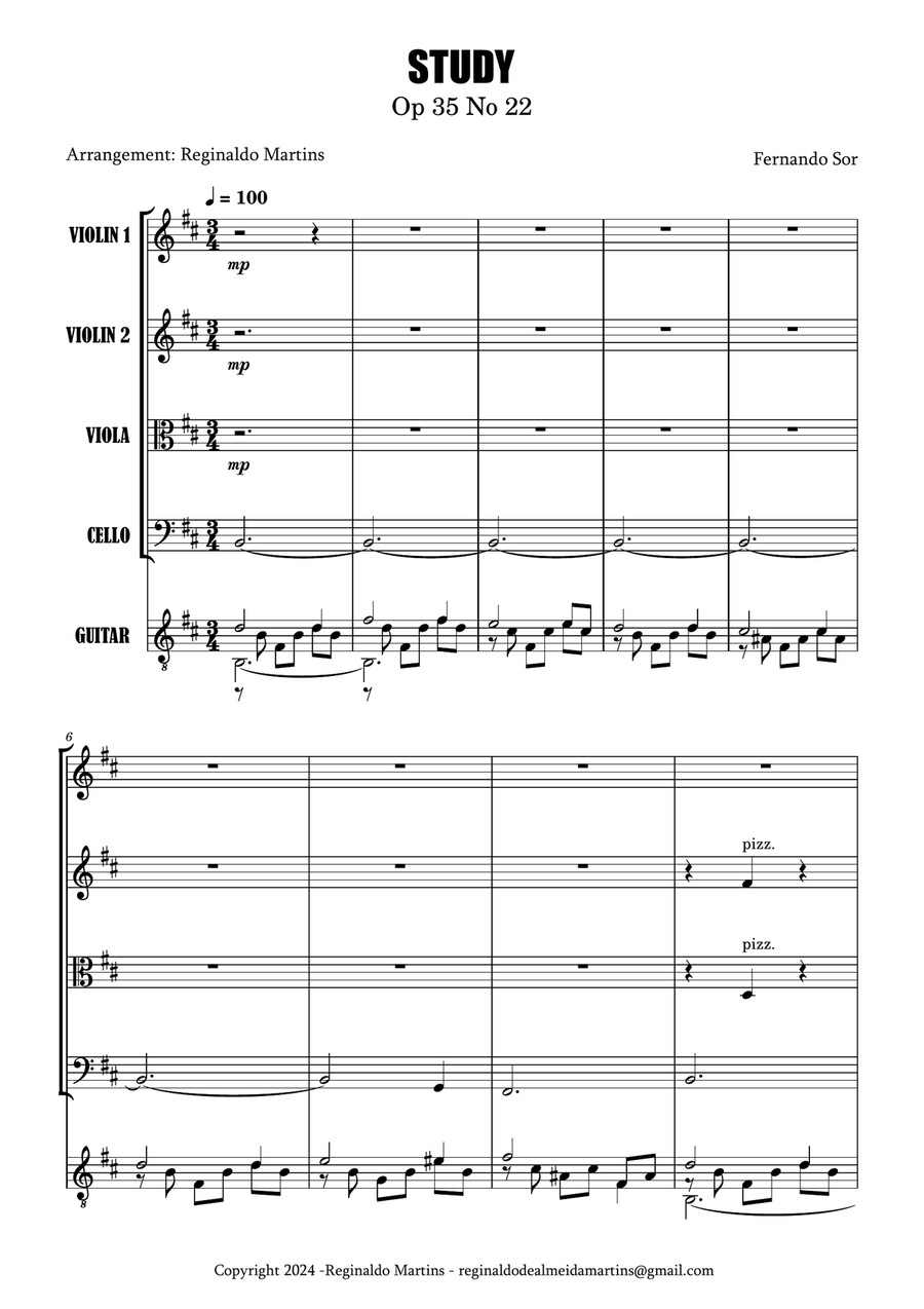 STUDY Op. 35 No 22 FOR STRING QUARTET AND GUITAR String Quartet scores gallery preview page 1