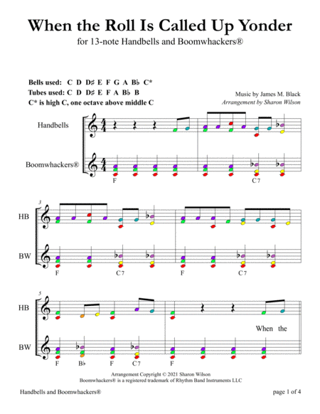 “When the Roll Is Called Up Yonder” for 13-note Bells and Boomwhackers® (with Color Coded Notes) by Sharon Wilson Handbell Choir - Digital Sheet Music