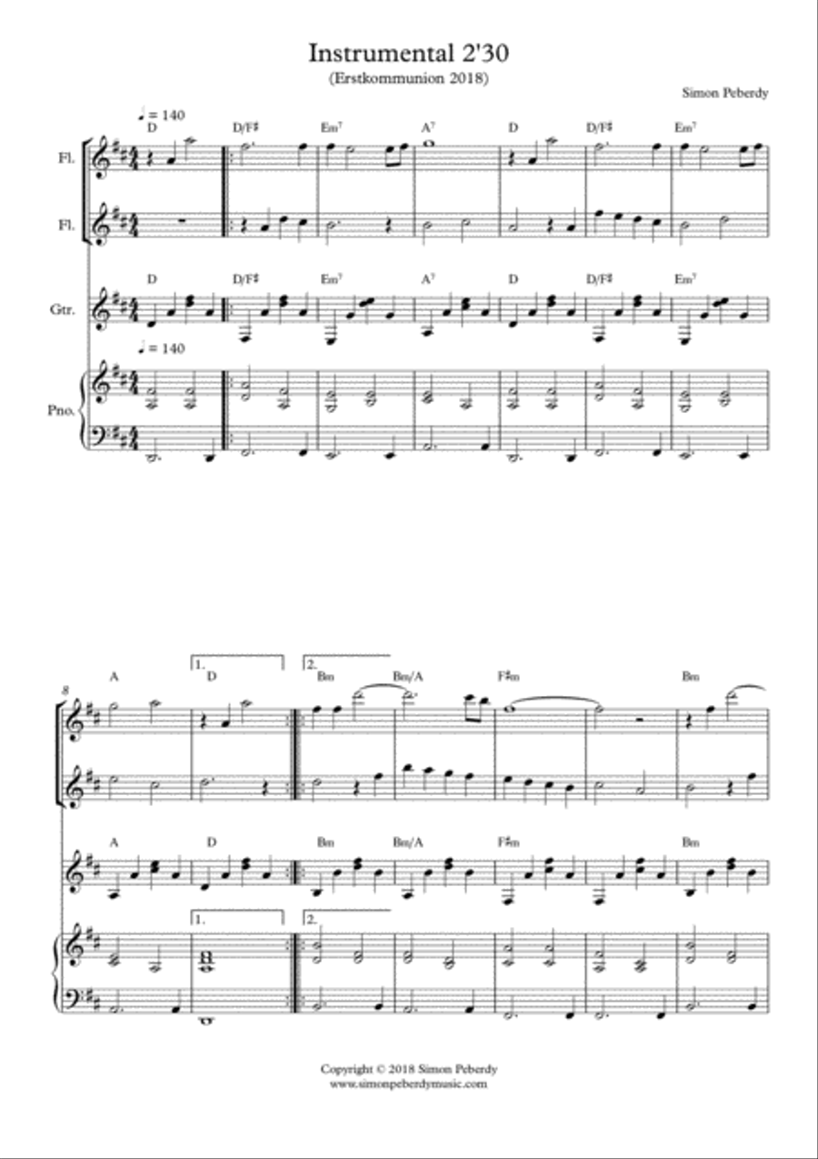 Melodious Instrumental Interlude 2'30 in D for 2 flutes, guitar and/or piano by Simon Peberdy Flute scores gallery preview page 1
