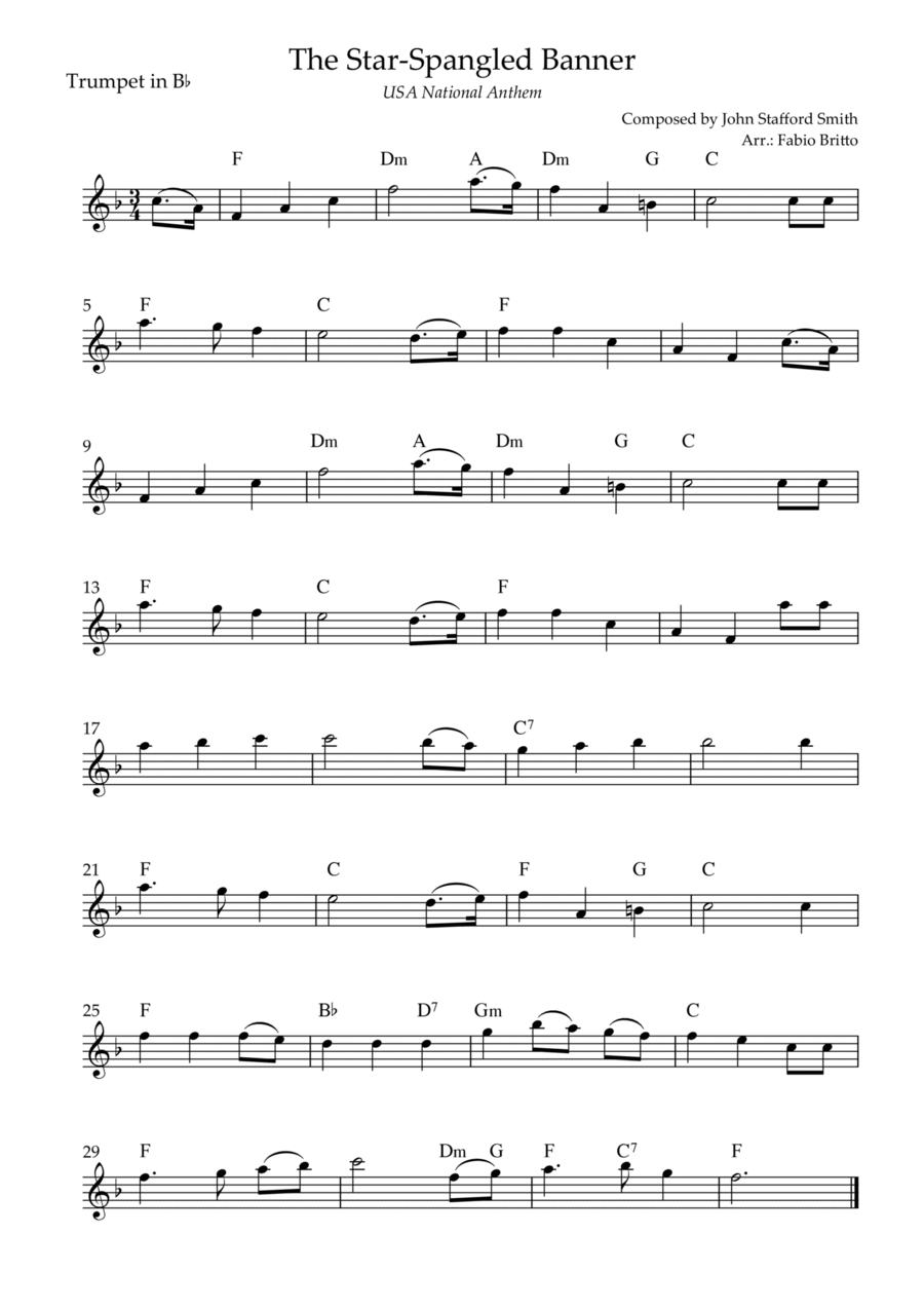 The Star Spangled Banner (USA National Anthem) for Trumpet in Bb Solo with Chords (Eb Major) B-Flat Trumpet scores gallery preview page 1