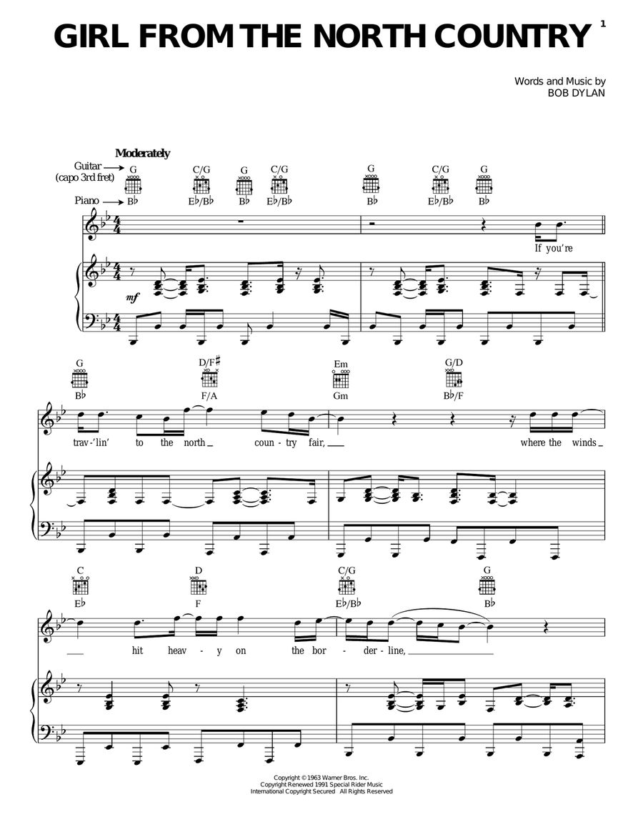 Girl From The North Country Piano, Vocal, Guitar scores gallery preview page 1