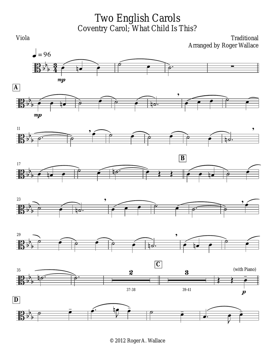 Two English Carols (Coventry Carol; What Child Is This?) Viola scores gallery preview page 1