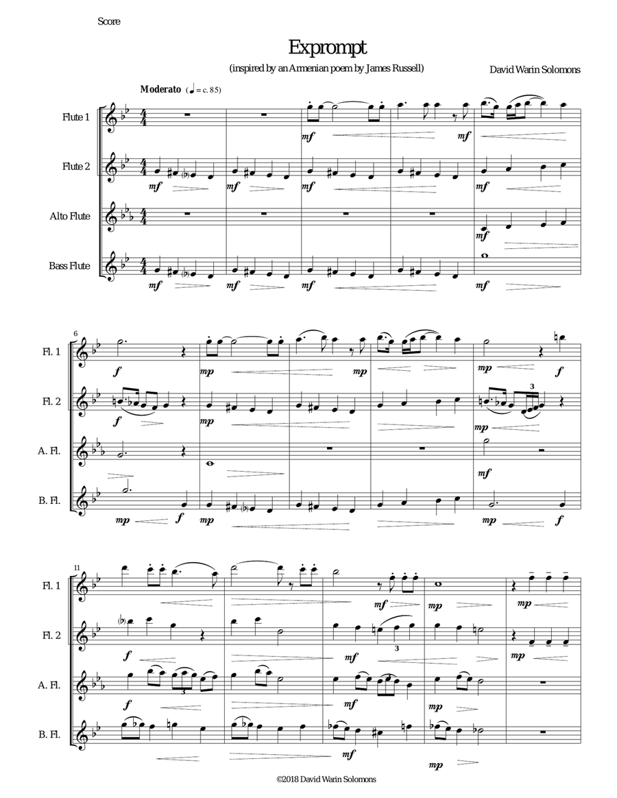 Exprompt - an Armenian song of farewell - arranged for flute quartet Flute Quartet scores gallery preview page 1
