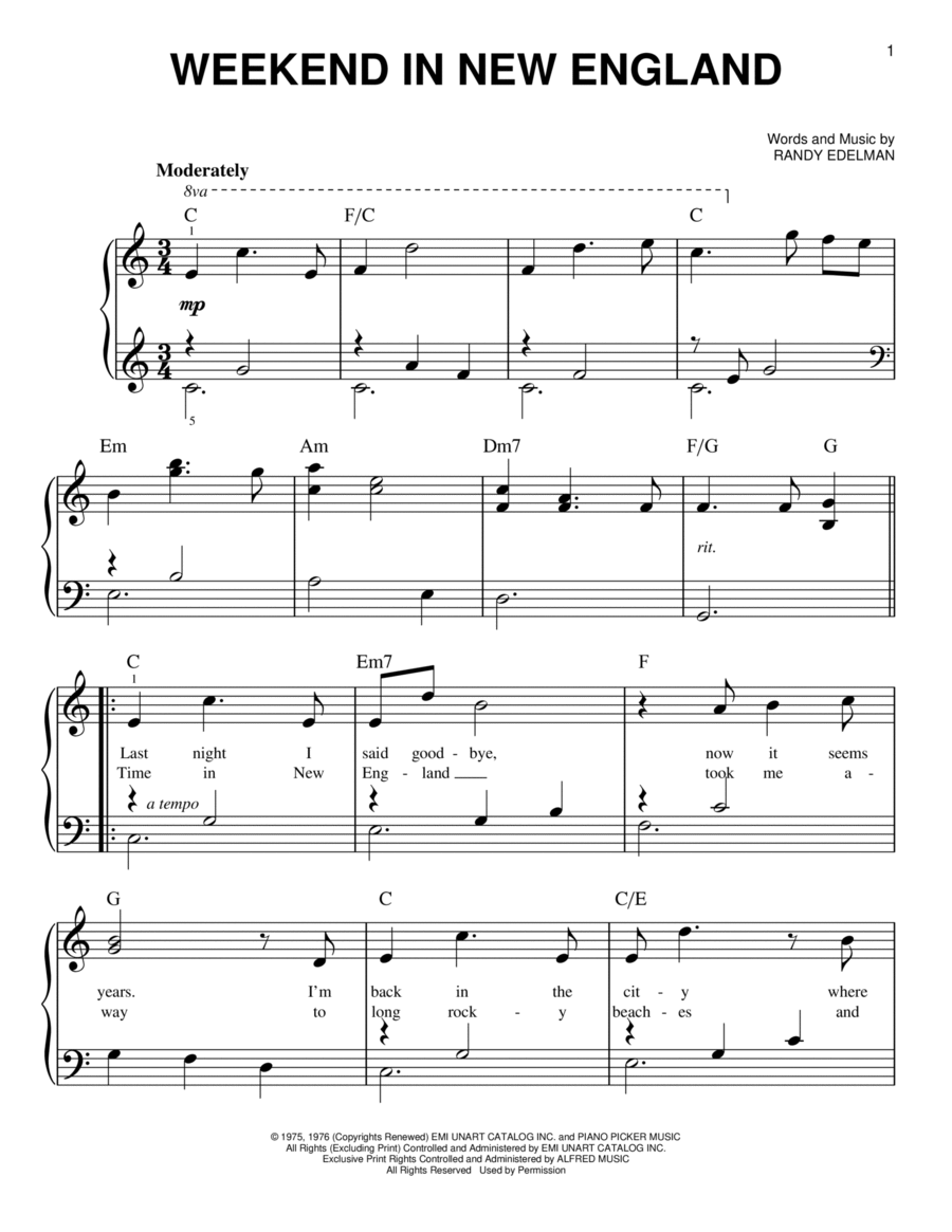 Weekend In New England Easy Piano scores gallery preview page 1
