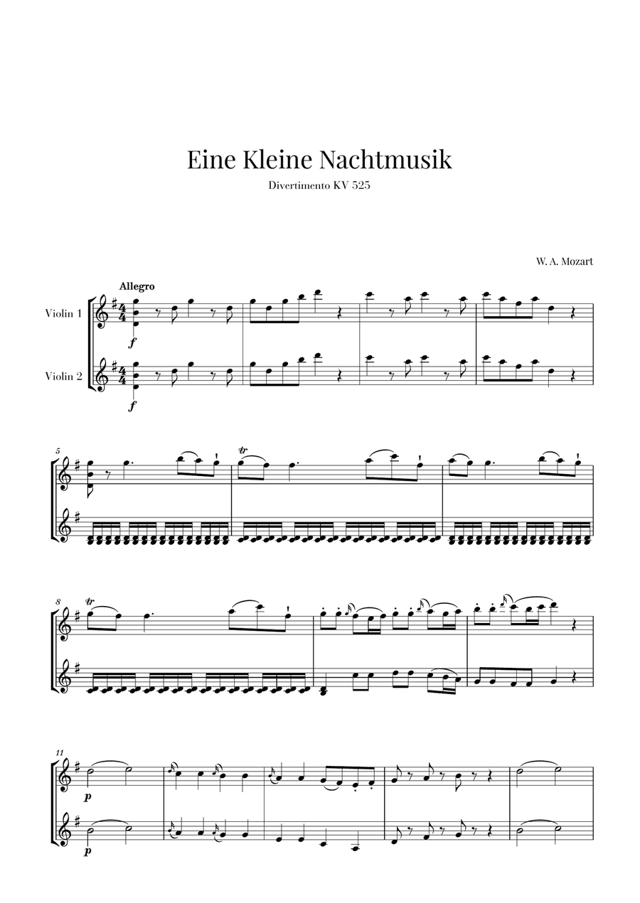 Eine Kleine Nachtmusik for 2 Violins String Duet scores gallery preview page 1