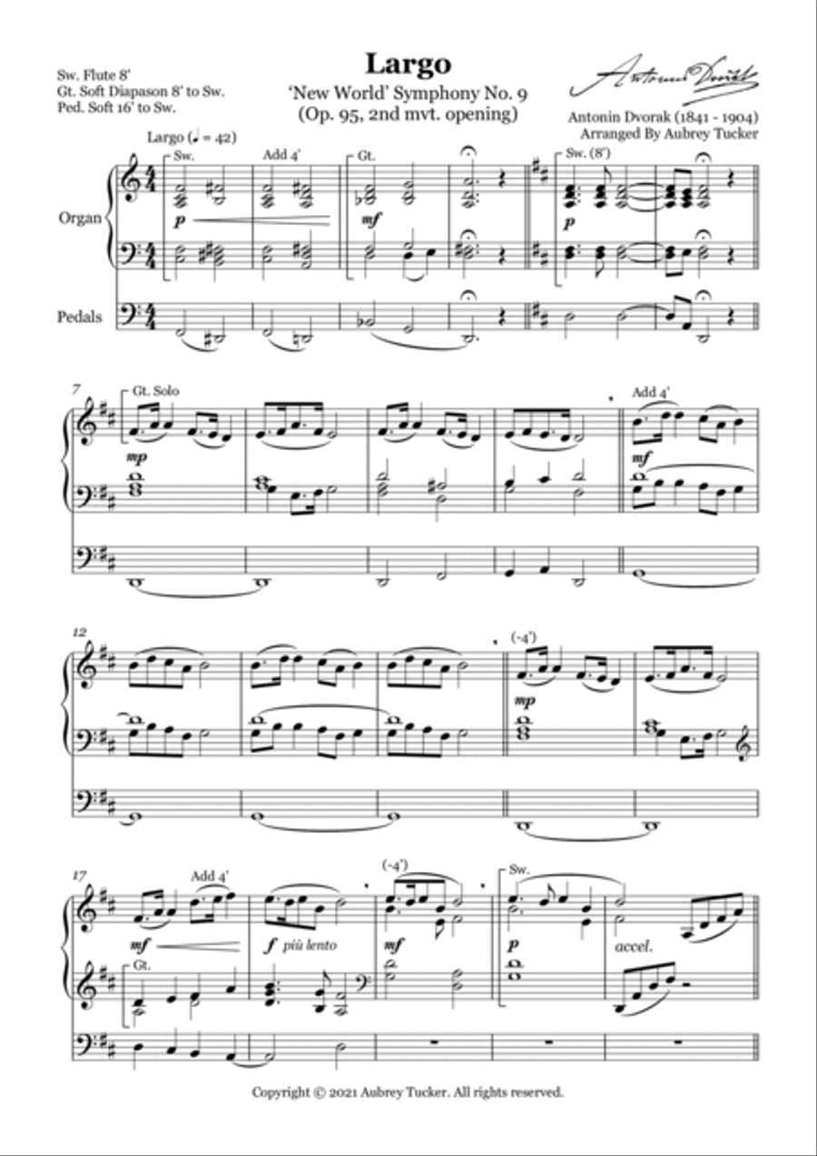 Organ: Largo from 'New World' Symphony No. 9 (Op. 95, 2nd mvt. opening) - Antonin Dvorak Organ Solo scores gallery preview page 2