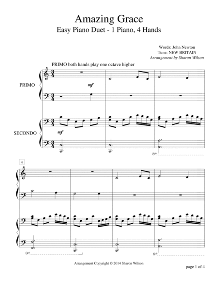 Amazing Grace (Easy Piano Duet, 1 Piano, 4 Hands)