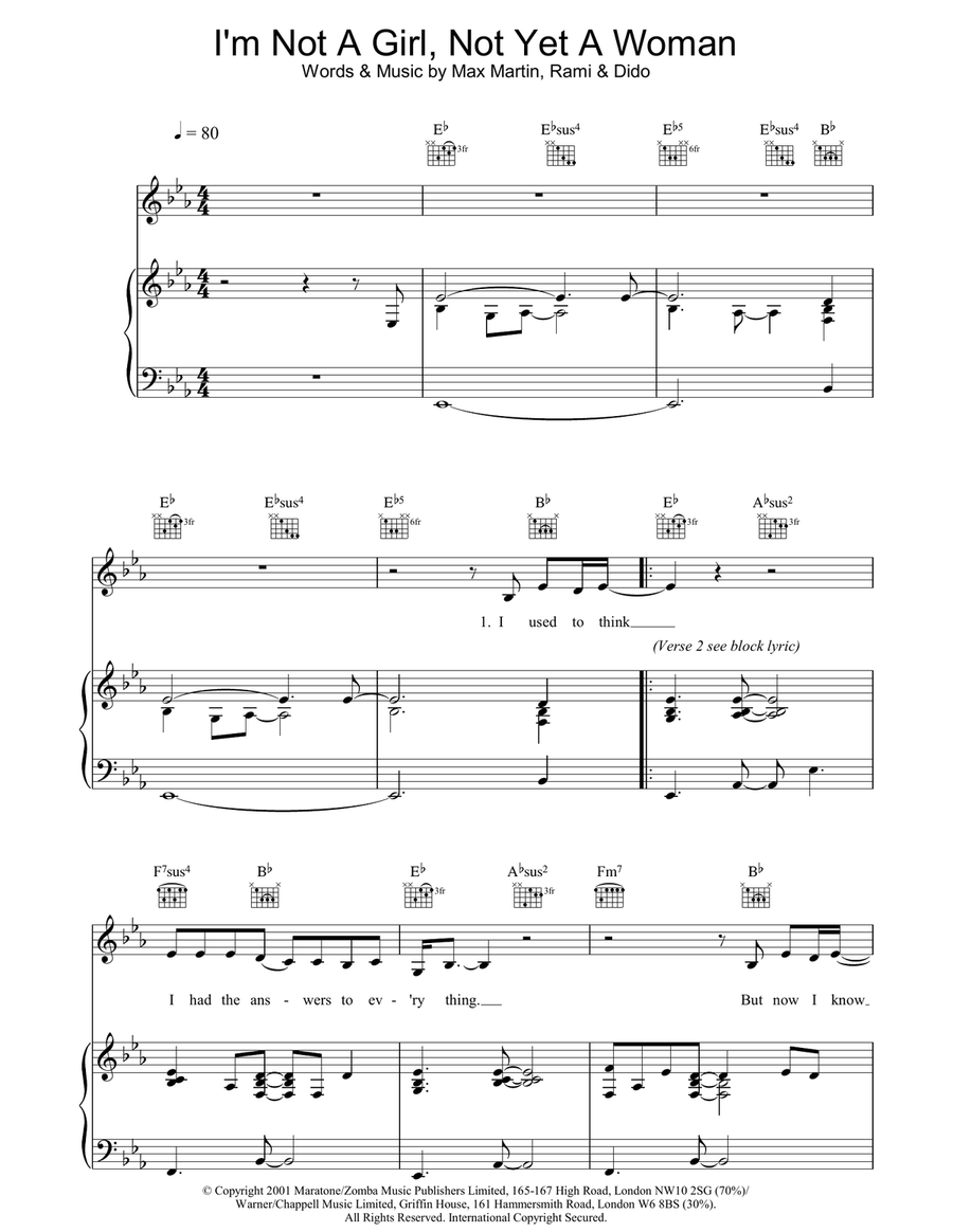 I'm Not A Girl, Not Yet A Woman Piano, Vocal, Guitar scores gallery preview page 1