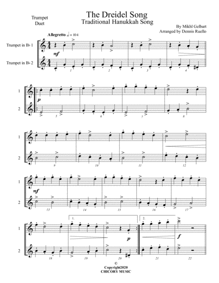 The Dreidel Song - Trumpet Duet - Advanced Intermediate image number null