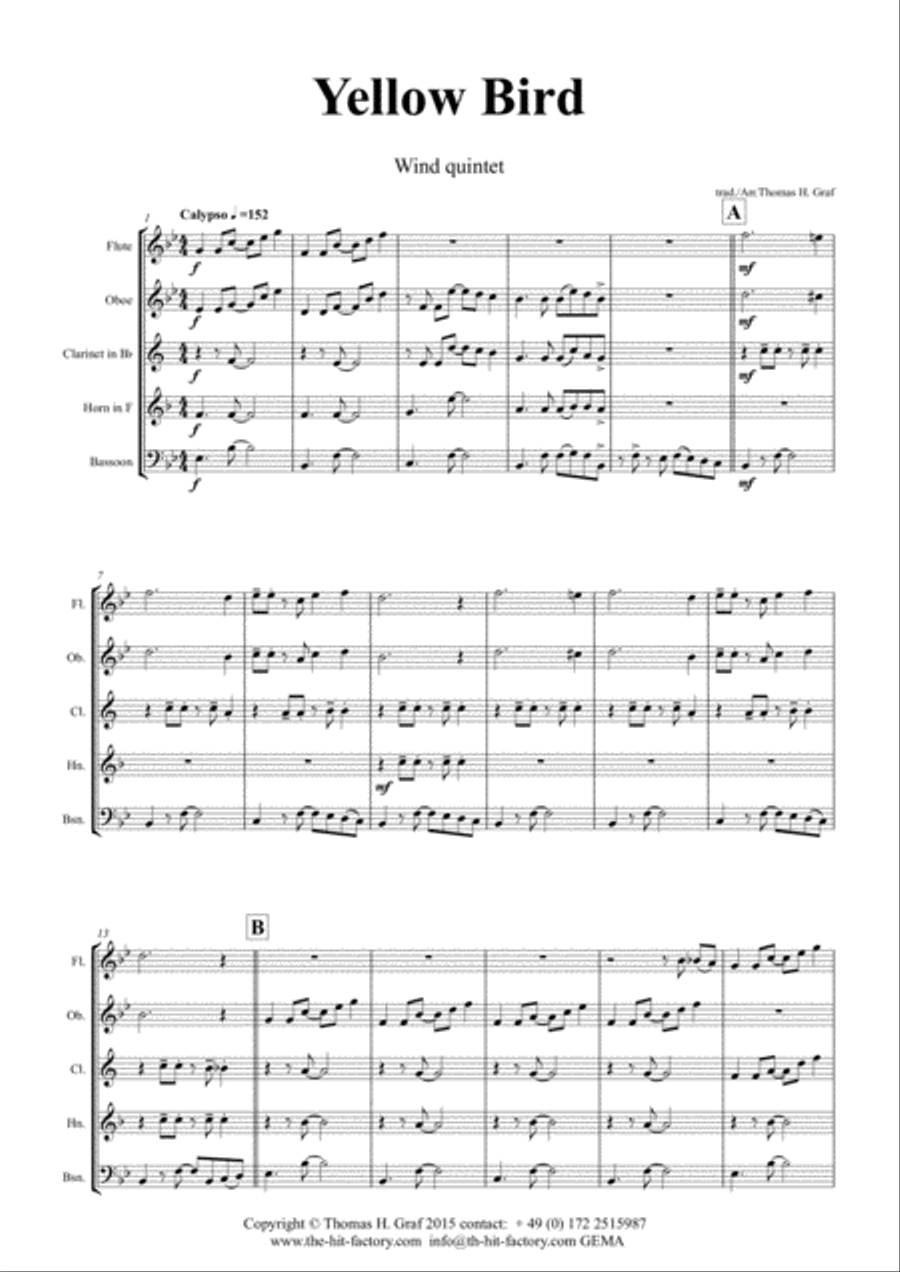 Yellow Bird - Haitian Folk Song - Calypso - Wind Quintet Woodwind Quintet scores gallery preview page 2