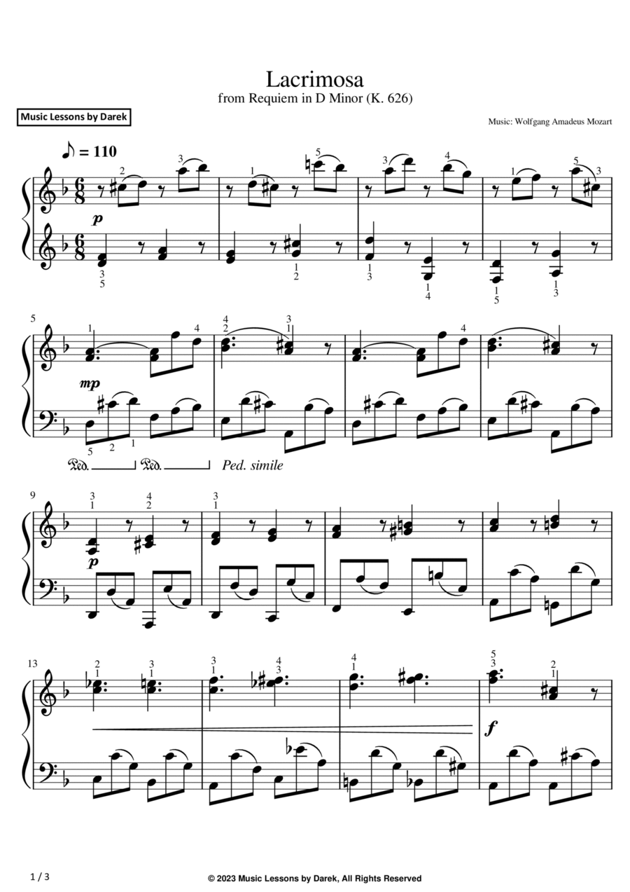 Lacrimosa (EASY PIANO) from Requiem in D Minor (K. 626) [Wolfgang Amadeus Mozart] Easy Piano scores gallery preview page 1