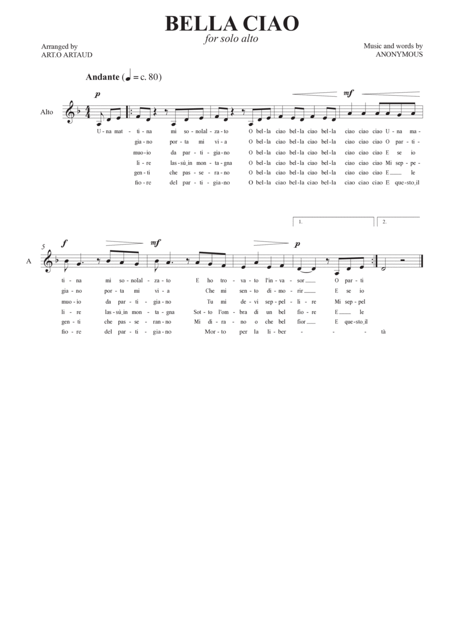 Bella Ciao Alto Voice scores gallery preview page 1