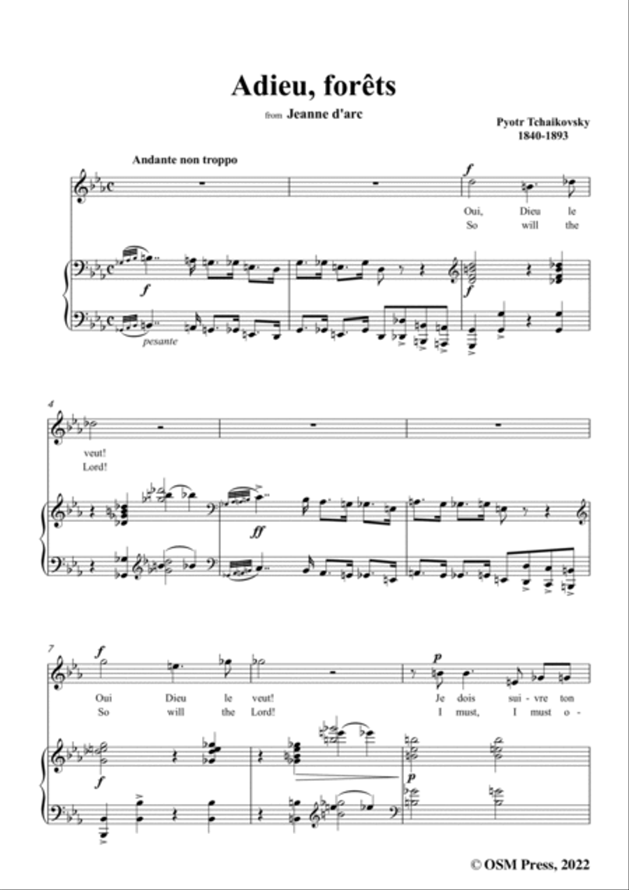 Tchaikovsky-Adieu,forêts,from Jeanne D'arc,in E flat Major,for Voice and Pinao Voice scores gallery preview page 3