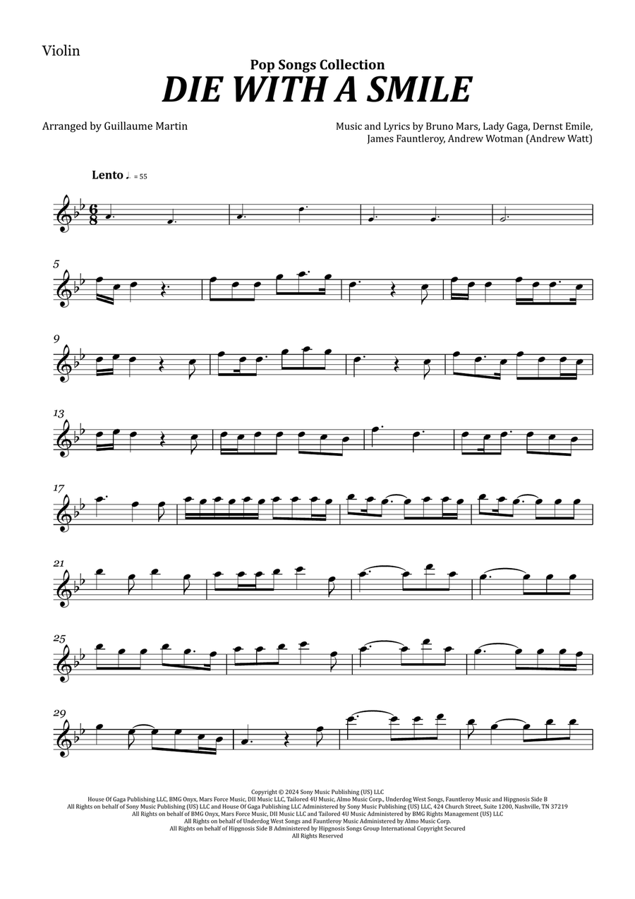 Die With A Smile Violin Solo scores gallery preview page 1