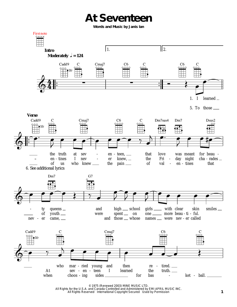 At Seventeen Ukulele scores gallery preview page 1