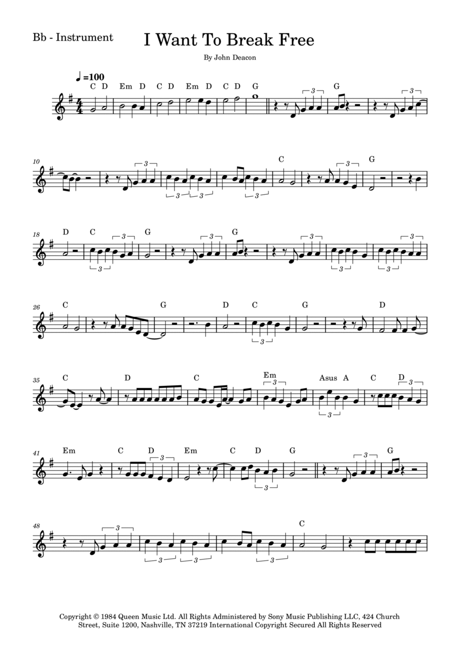 I Want To Break Free B-Flat Trumpet scores gallery preview page 1