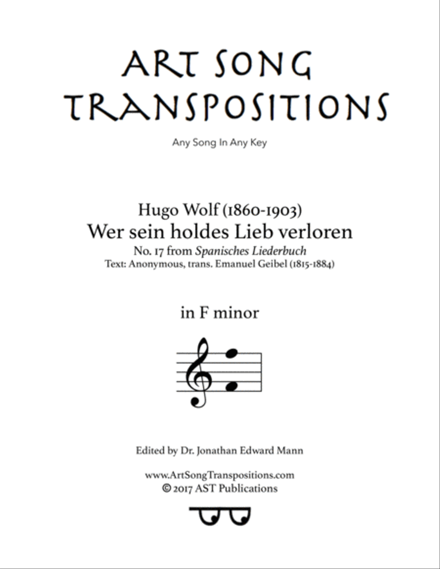 WOLF: Wer sein holdes Lieb verloren (transposed to F minor) Voice scores gallery preview page 1